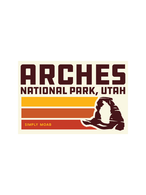 Simply Moab Arches Retro Lines Magnet, a cream rectangular magnet with retro stripes and a Delicate Arch silhouette, Arches National Park Utah