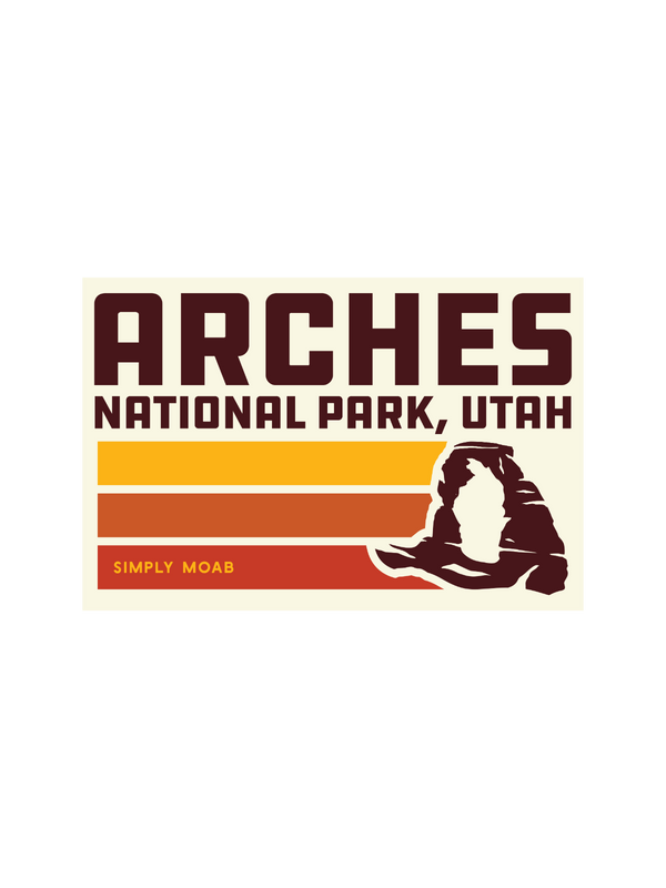 Simply Moab Arches Retro Lines Magnet, a cream rectangular magnet with retro stripes and a Delicate Arch silhouette, Arches National Park Utah