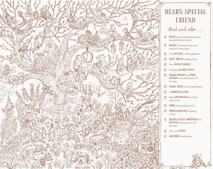 Coloring book page with intricate illustrations of bears and their special friend, featuring a list of items to find and color.