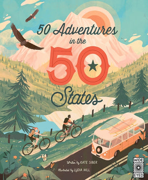 50 Adventures in the 50 States hardcover book by Quarto, front cover with an illustrated camper van and cyclists