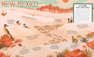 50 Adventures in the 50 States book open to the New Mexico page with illustrated dunes