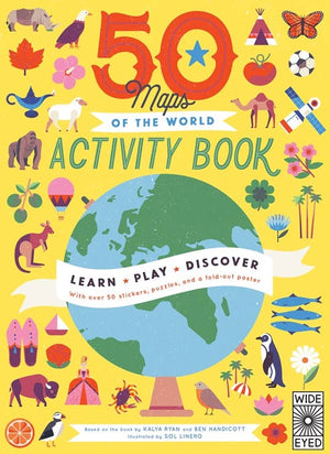 50 Maps of the World Activity Book by Quarto, front cover with an illustrated globe and animals