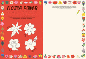50 Maps of the World Activity Book open to a Flower Power activity page with red and white florals