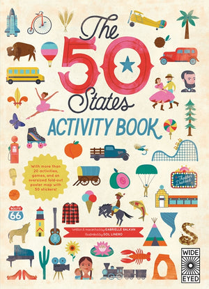 50 States Activity Book by Quarto, front cover with colorful illustrated icons of American states