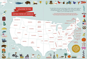 50 States Activity Book open to the Welcome to the United States of America map page