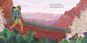 50 States of Love book open to the Arizona page with a painted Grand Canyon