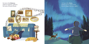 50 States of Love book open to an illustrated living room and forest spread