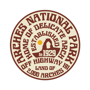 Logo of Arches National Park with text and a silhouette of a arch.
