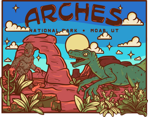 Illustration of a bear and dinosaur in a desert landscape with 'Arches National Park' text.