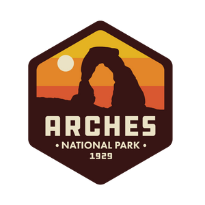 Logo of Arches National Park with silhouette and sunset design