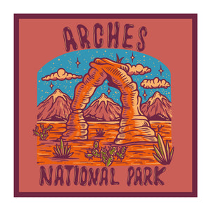 Illustration of Arches National Park with a sandstone arch and mountains in the background.