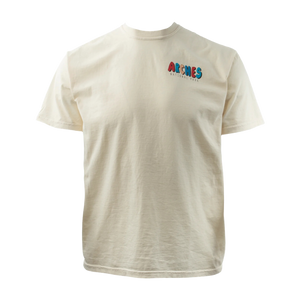Beige t-shirt with colorful logo on a white background