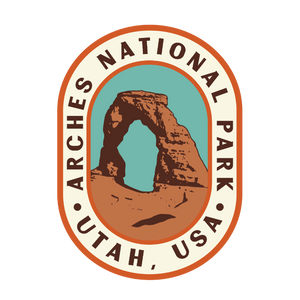 Logo of Arches National Park with a sandstone arch and text on a white background
