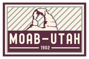 Logo of Moab, Utah with a stylized sandstone arch and text on a striped background