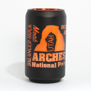 Black can with orange text and Arches National Park design on a white background