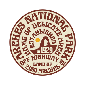 Logo of Arches National Park with text and silhouette of a arch.