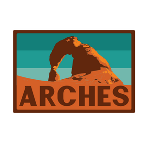 Logo of Arches National Park with a desert arch and blue sky.