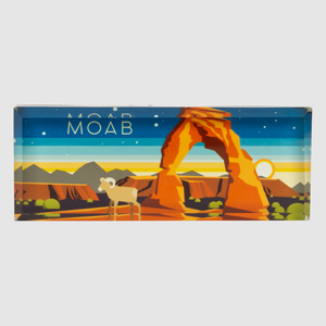 Decorative tray with a desert scene and 'Moab' text on a white background