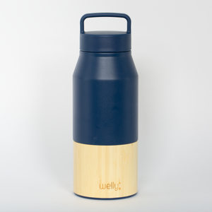 Navy and wooden water bottle with 'welly' branding on a white background