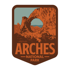 Logo of Arches National Park with a rock formation and landscape.