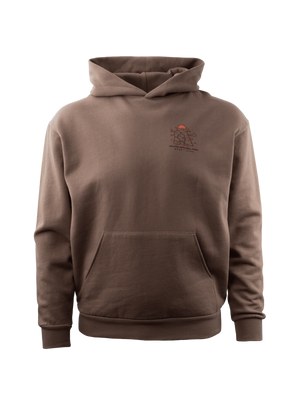 Brown hoodie with a logo on the chest against a white background