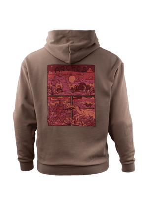 Brown hoodie with a graphic design on the back against a white background