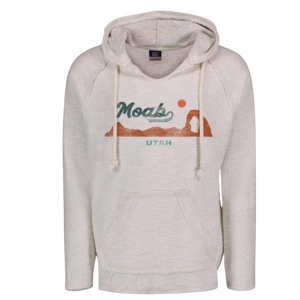 A light heather gray pullover hoodie with a distressed graphic on the chest reading 'Moab UTAH' in green and orange over a desert landscape silhouette.
