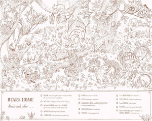 Illustrated coloring page with various animals and objects, featuring a bear's home theme.