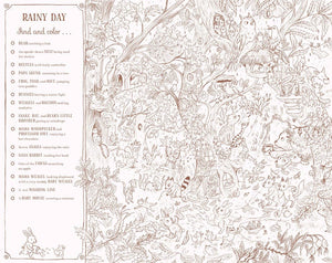 Illustrated coloring page with various animals and objects on a beige background