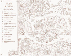 Coloring page with intricate line art of a bear's bedtime scene in a forest.