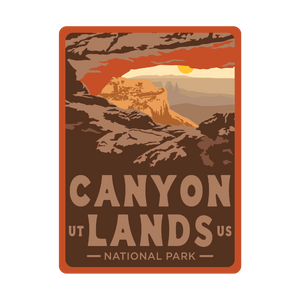 Illustration of Canyonlands National Park with a sunset over cliffs and 'Canyonlands National Park' text.