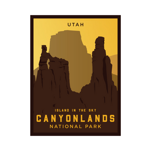 Poster of Canyonlands National Park with rock formations and 'Utah' text on a yellow background