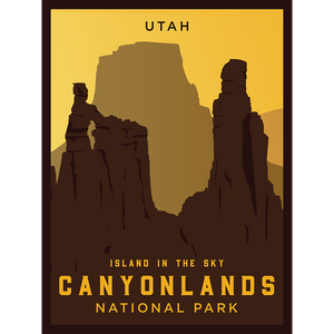 Poster of Canyonlands National Park with rock formations and 'Utah' text on a yellow background