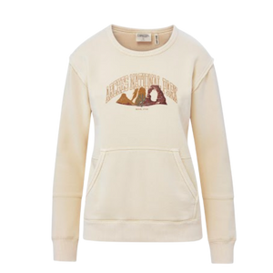 An off-white crewneck sweatshirt with a front kangaroo pocket and a graphic print of Arches National Park on the chest, displayed on a solid white background.