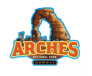 Logo of Arches National Park with a large sandstone arch and people around it.