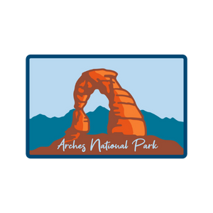 Logo of Arches National Park with a sandstone arch and blue sky.