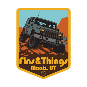 Logo with a Jeep in a desert scene and 'Fins & Things Moab, UT' text.