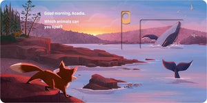 Illustration of a fox by a lake with a whale tail in the distance, set against a sunset sky.