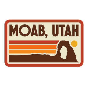 Vintage-style sign with 'Moab, Utah' text and desert landscape silhouette.
