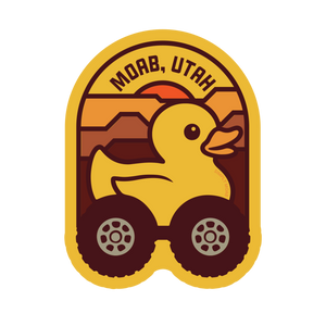 Stylized rubber duck with wheels and 'Moab, Utah' text on a yellow background