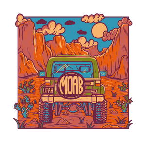 Illustration of a jeep in a desert landscape with 'Moab' and 'Utah' text.