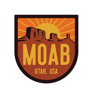 Logo of Moab, Utah with desert landscape and sun design.