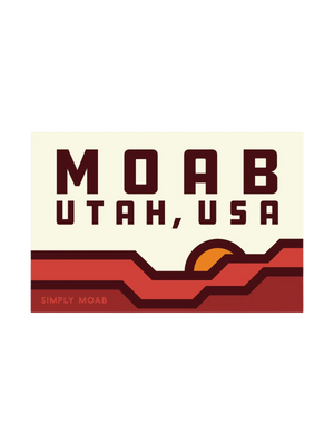 Rectangular sign with 'Moab Utah, USA' text and a red landscape graphic on a white background.