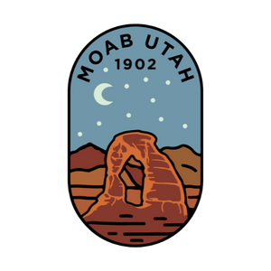 Logo of Moab Utah with a desert arch and night sky design.