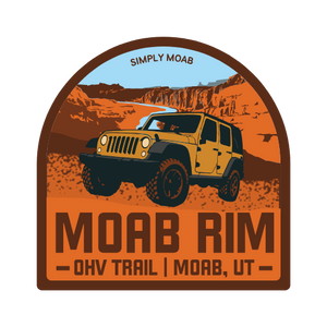 Sticker design with a Jeep on an orange background, featuring 'Simply Moab' text and 'Moab Rim OHV Trail' details.