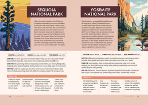 A printed informational page about two national parks, with scenic landscape illustrations at the top, large title banners reading 'Sequoia National Park' and 'Yosemite National Park,' blocks of descriptive text, and a small travel tips box.