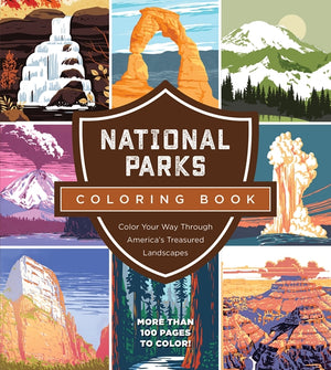 National Parks coloring book cover with illustrations of various landscapes.