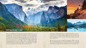A scenic landscape poster or book page featuring a dramatic mountain valley with blue-gray peaks, green and orange forests, and a sunset sky. The lower portion has a beige parchment-style background with the heading 'INTRODUCTION' and two columns of text.