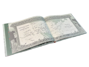 Open book with maps and text on a white background