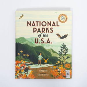 Book cover of 'National Parks of the U.S.A.' with illustration of a man and child in a park setting.